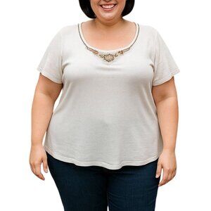 Uniform Woman Cream Short Sleeve Top Size 2X Beaded Embellished Scoop Neckline
